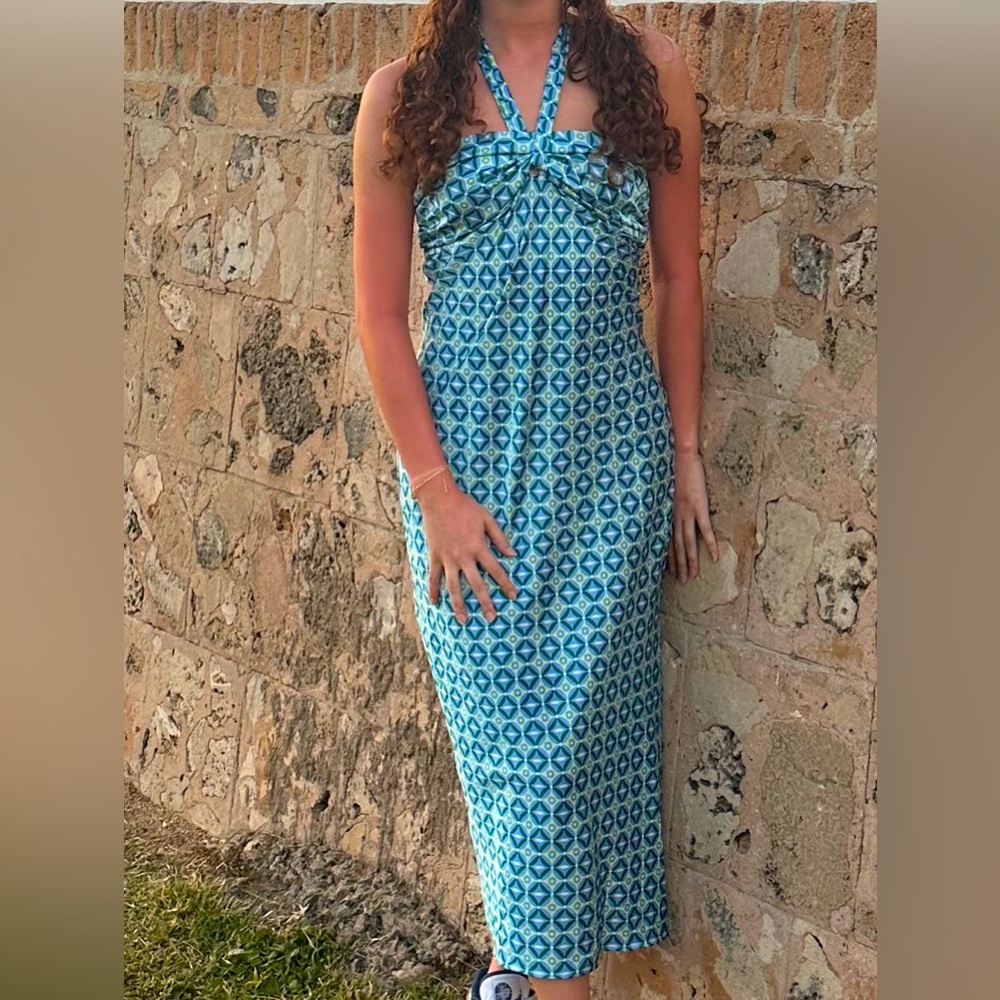 Vestique Teal and Yellow Geometric Maxi Dress